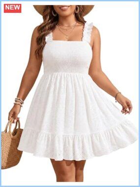 Plus Size Eyelet Square Neck Smocked Tiered A-Line Summer Sundress